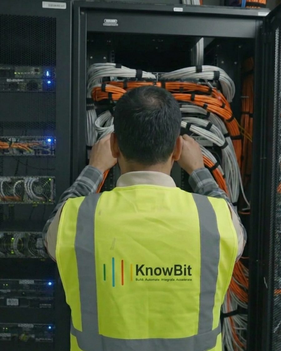 KnowBit engineer dressing structured cabling inside a server rack in Dubai